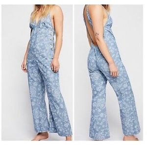 Free People Dance All Night Boho Jumpsuit In Chambray Floral 0=XS